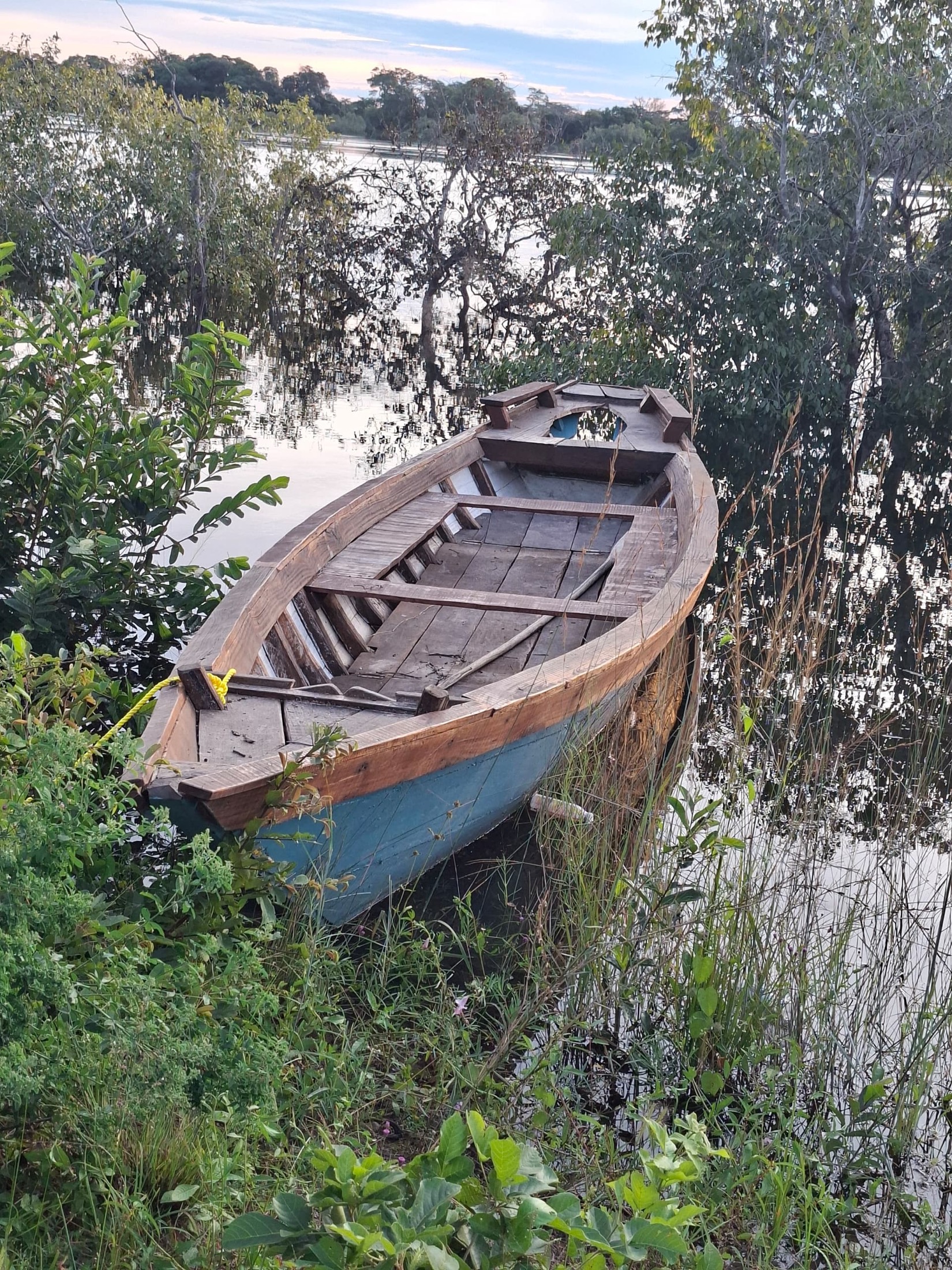 A wooden boat at the riverbank